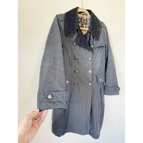 Barbour Womens Black Wax Cotton Double Breasted Plaid Jacket 8